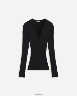 preto roupas 8V66TB15 Lanvin Cardigan canelado com decote em V em seda e caxemira mulheres